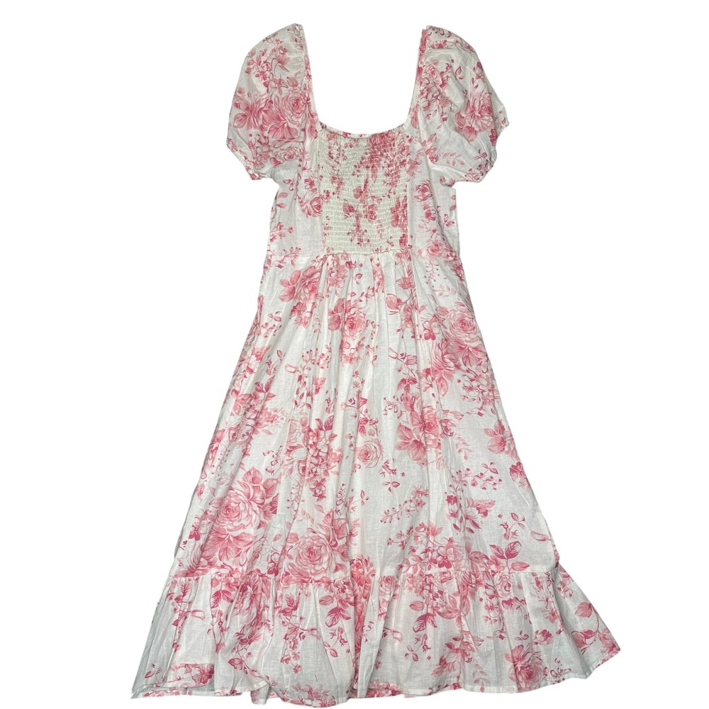 Pink Cottagecore Floral Toile Midi Dress Cotton Linen Puff Sleeve Smocked Back - Picture 2 of 7